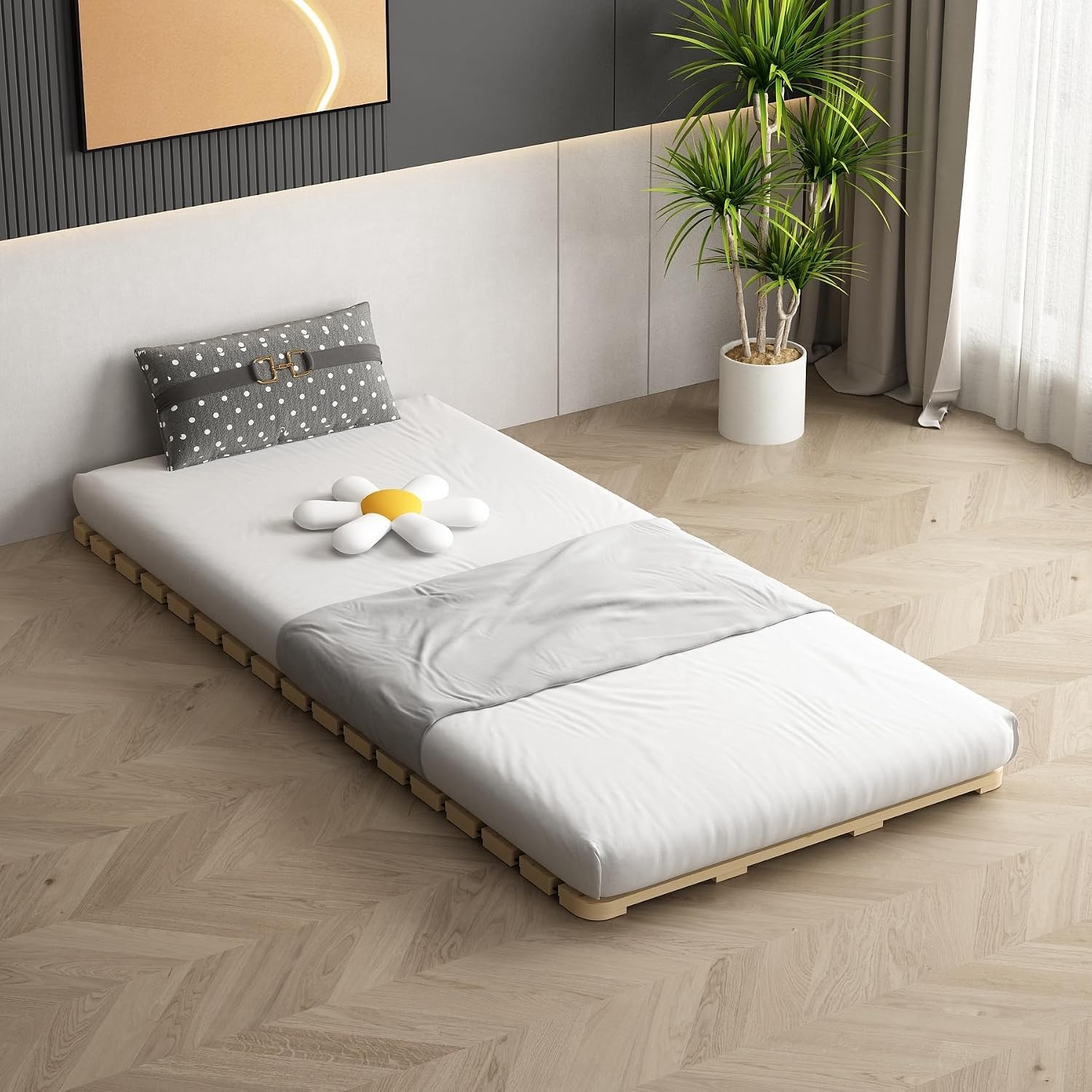 Foldable Floor Bed Frame, Breathable Wooden Roll-Up Slats Base for Japanese