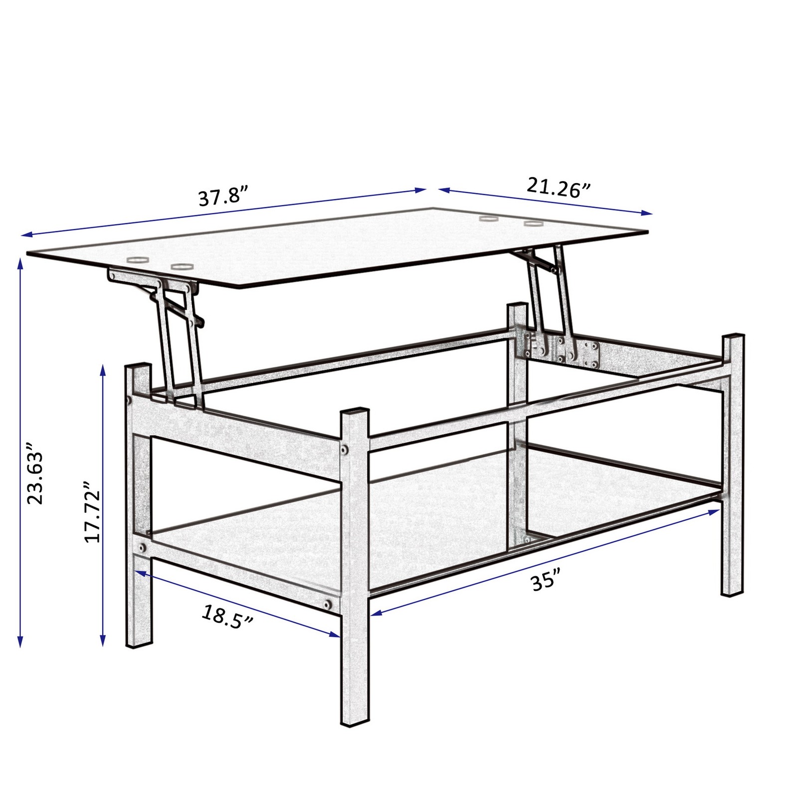38″ All Black Tempered Glass Lift Top Coffee Table 2-Layer Home Work Centre Desk