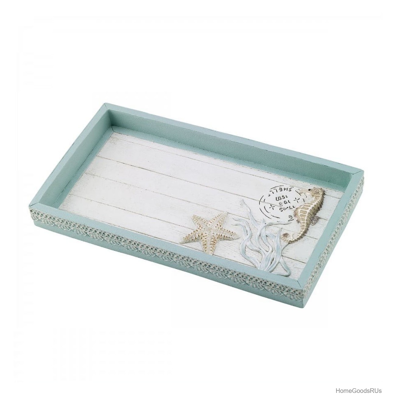 Farmhouse Shell Tray 12 Inch Resin Seahorse Starfish Coral Blue Beige Shiplap