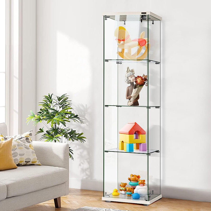 3/4-Shelf Glass Display Cabinet Glass Curio Cabinet Trophy Case Bookshelf & Lock