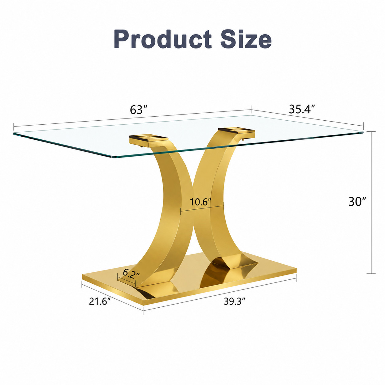63″ Rectangular Glass Dining Table with Gold C-Shaped Base, Seats 6-8