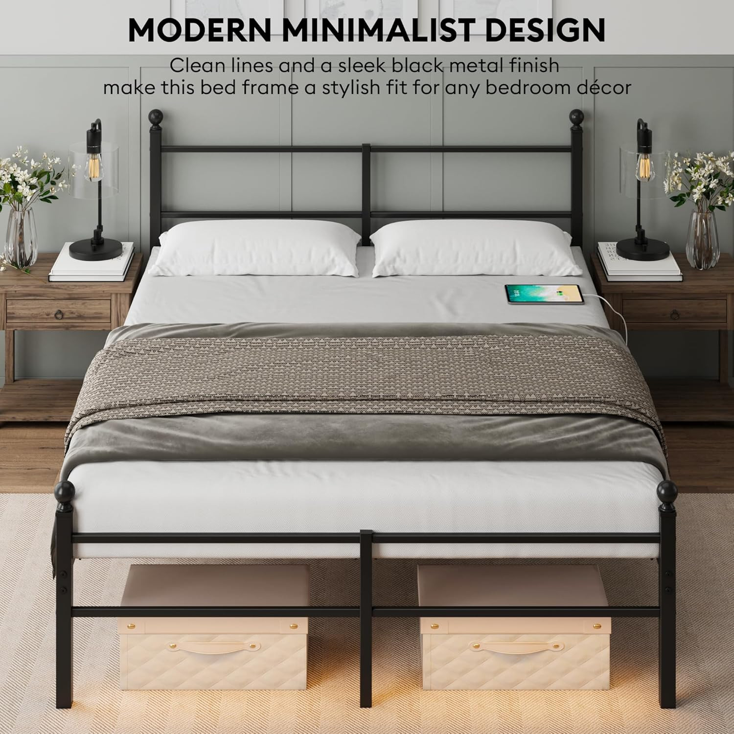 Queen Size Bed Frame with Headboard – Metal Platform Bed with LED Lights, Chargi