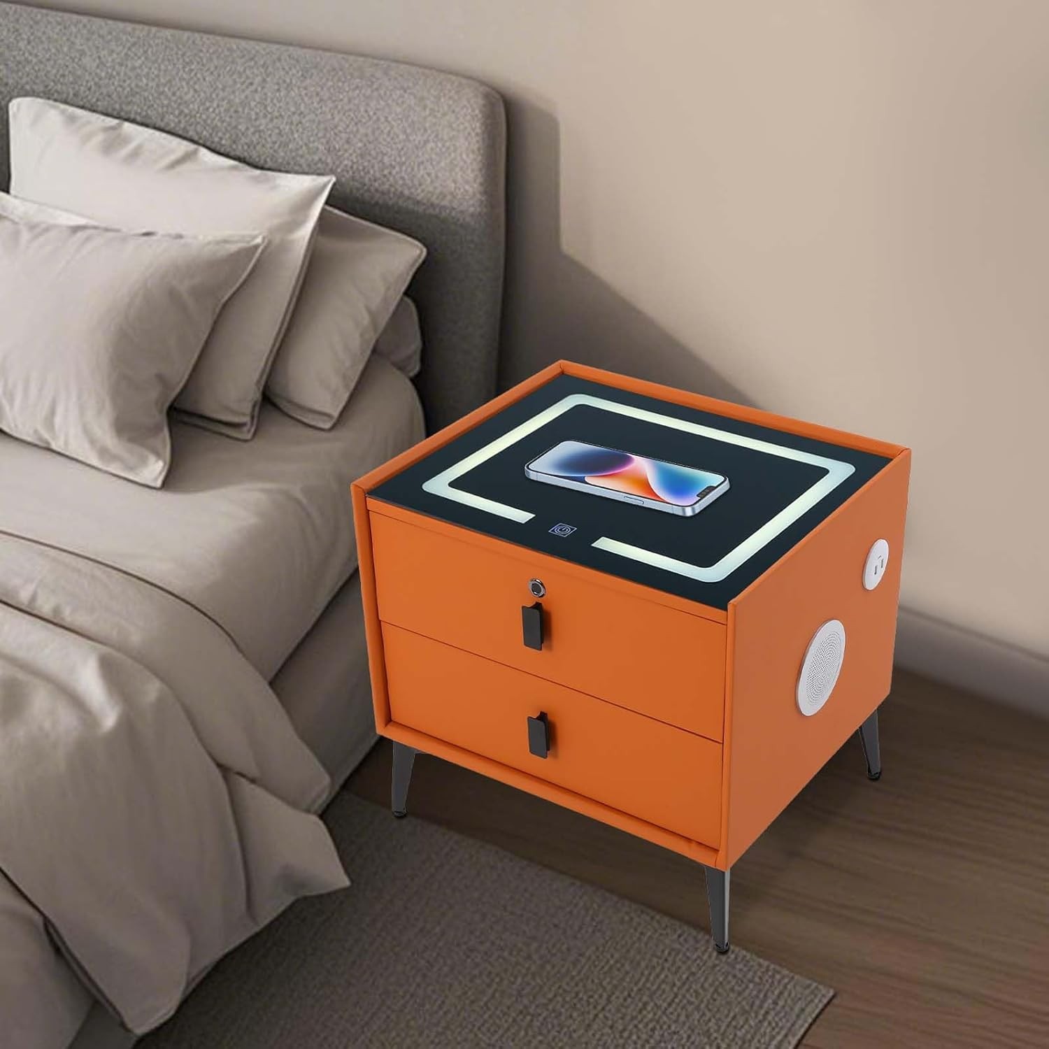 Orange Smart Wooden Nightstands W/ Fingerprint Lock Drawer USB Port and Speaker