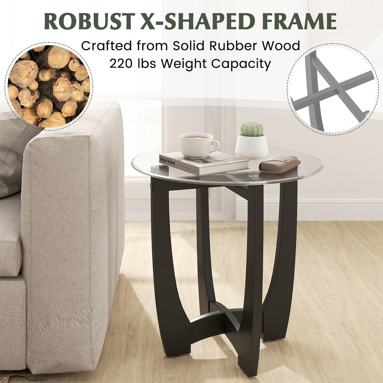 23.5” Round Side Table w/ Glass Tabletop Cross-shaped Solid Rubber Wood Frame