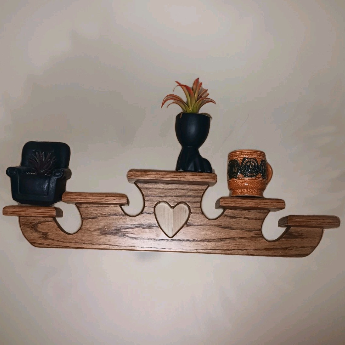 Vtg 80s Oak Wood Heart Cutout Staggered Wall Shelf Cottagecore Farmhouse 25.5″