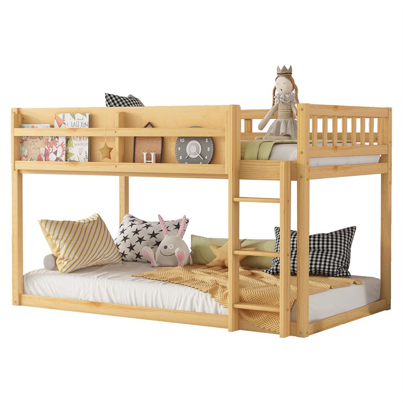 Twin Low Bunk Bed Solid Wood Floor Bunk Bed Frame w/Ladder,Shelf for Kids Junior