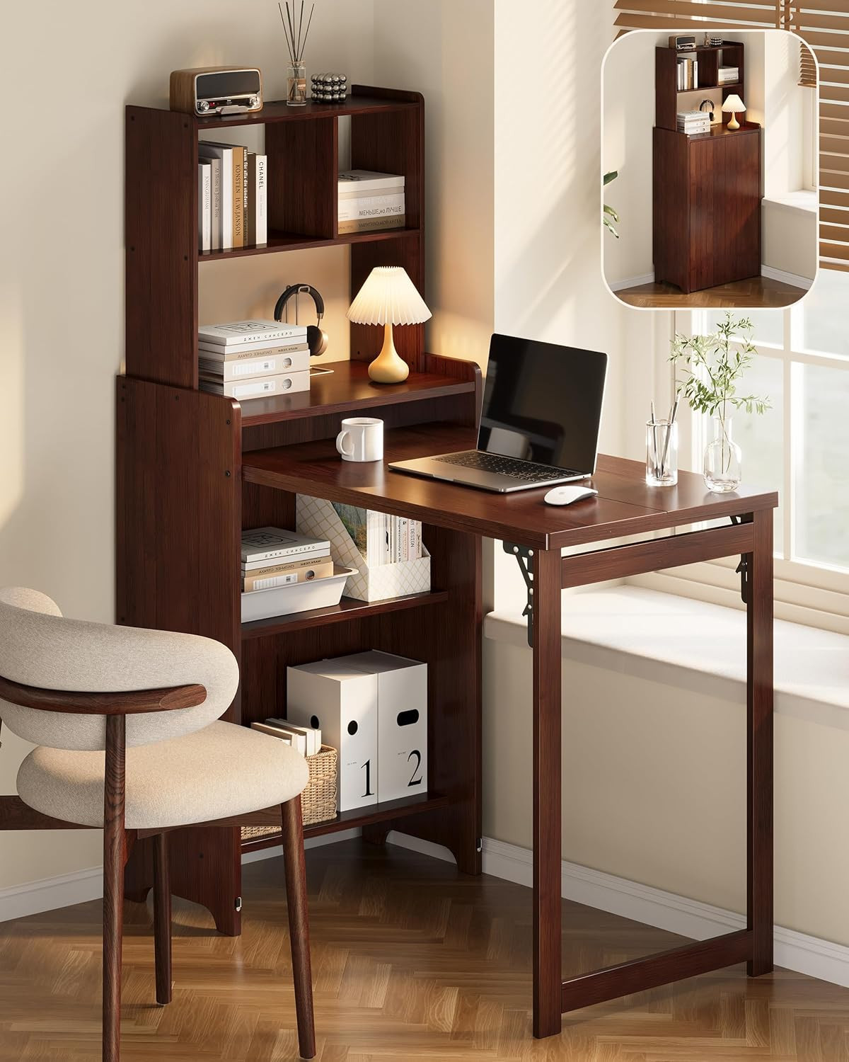 Bamboo Folding Desk for Small Spaces with Storage, Foldable Mid Century Modern D