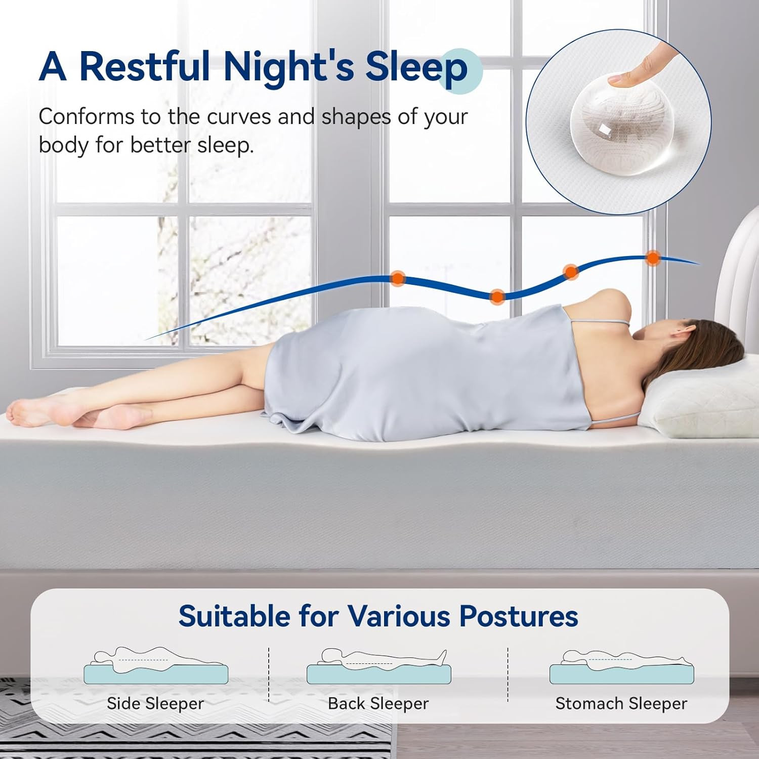 Memory Foam Mattress, Soft Plush Feel, Breathable, 12 Inch, Queen, White/Grey