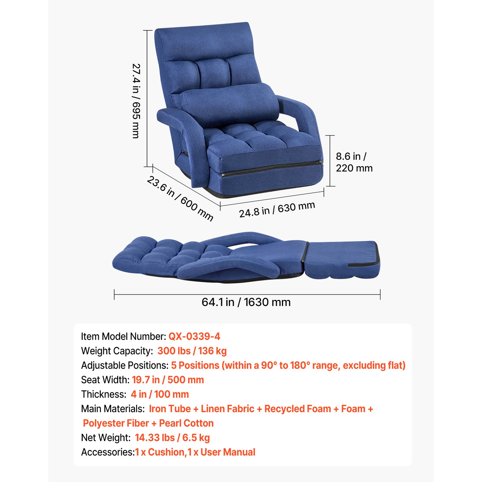 Uimoso Folding Floor Chair with Backrest, Armrests, and Comfortable Cushion