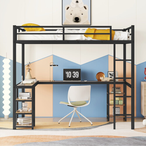 Heavy Duty Metal Loft Bed with Desk & Storage Shelves Twin/Twin XL/Full/Full XL