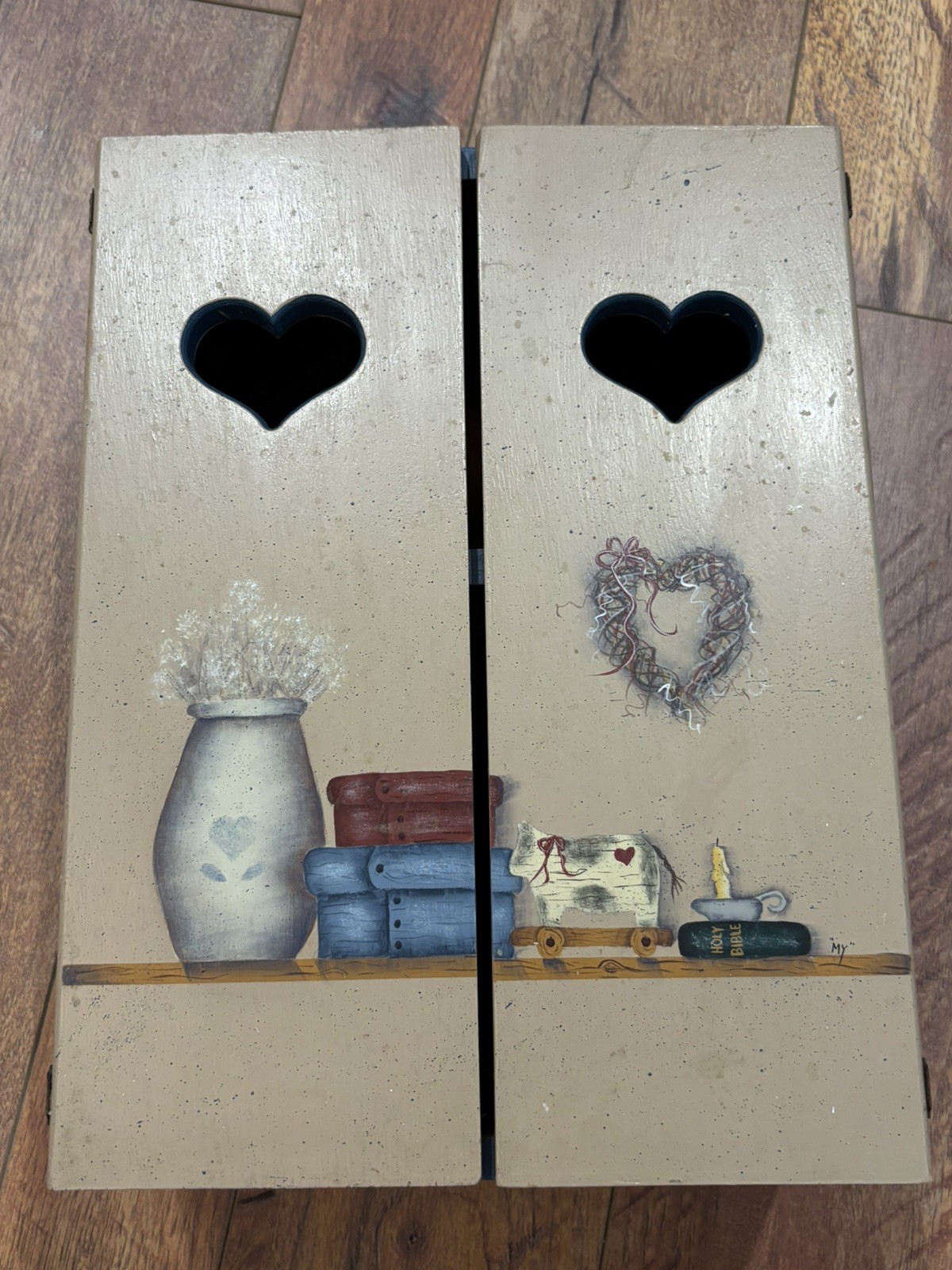 Vintage Painted Wood Shelf Cabinet with Heart Cutouts