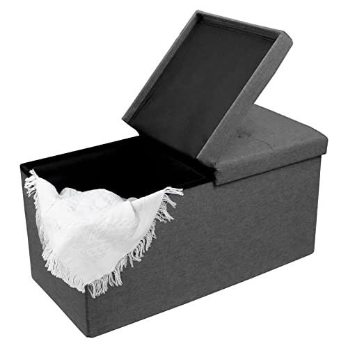 30 Inches Storage Ottoman Bench with Flipping Lid, Linen Foldable Dark Grey