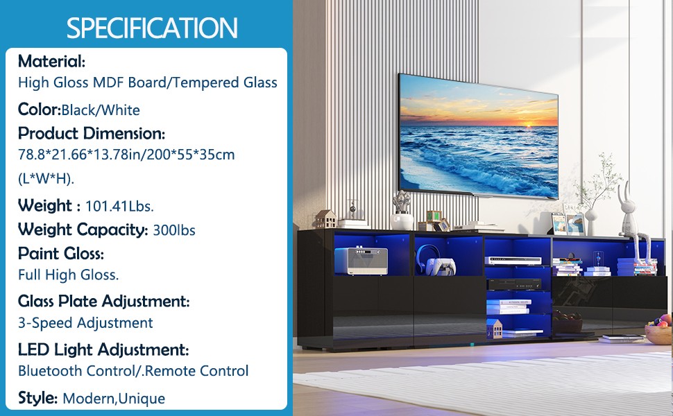 79IN LED TV Stand for 75/80/85inch TV,High Glossy Modern TV Stand for Living