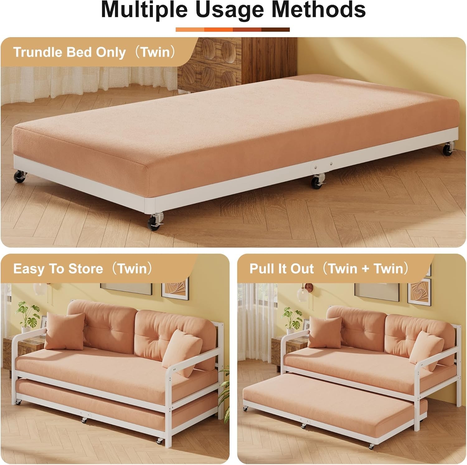 Trundle Bed Twin with 6 Lockable Casters, Roll Out Twin Trundle Bed Frame with