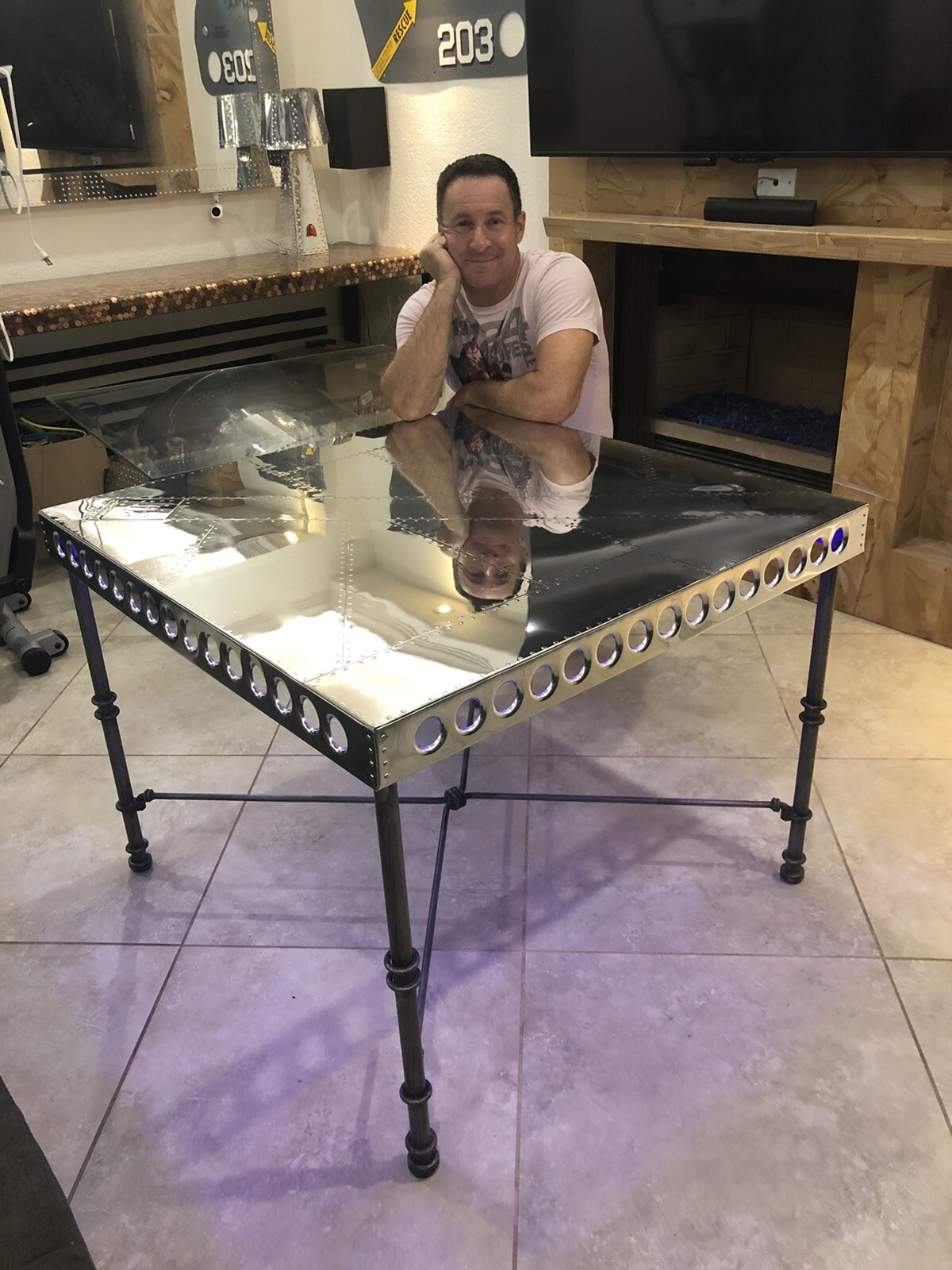 NOT IN STOCK!!!! Aluminum Table 37” Square Aviation Art w/ Lights Rivets