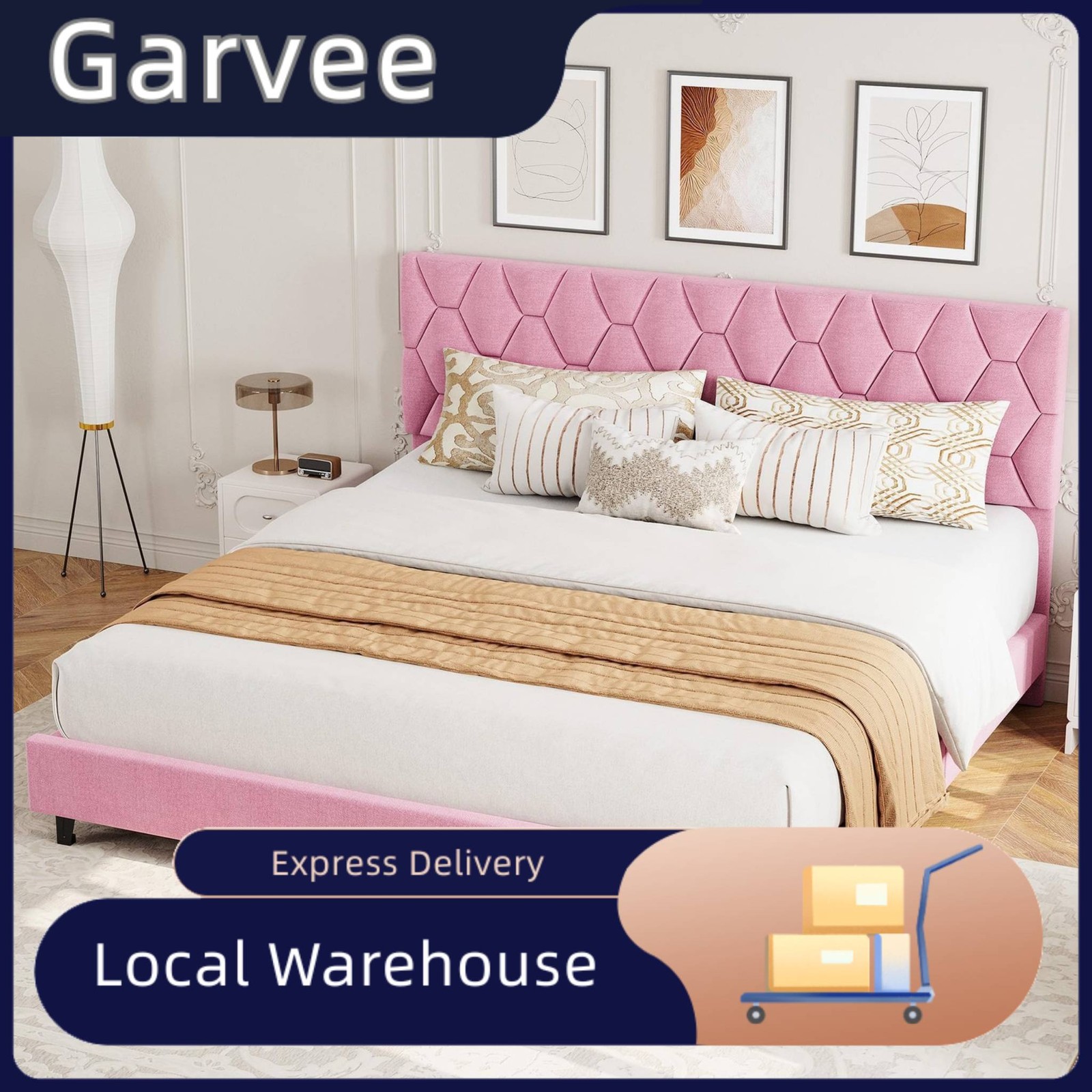 Platform Bed Frame with Adjustable Upholstered Headboard, Wooden Slats Support &