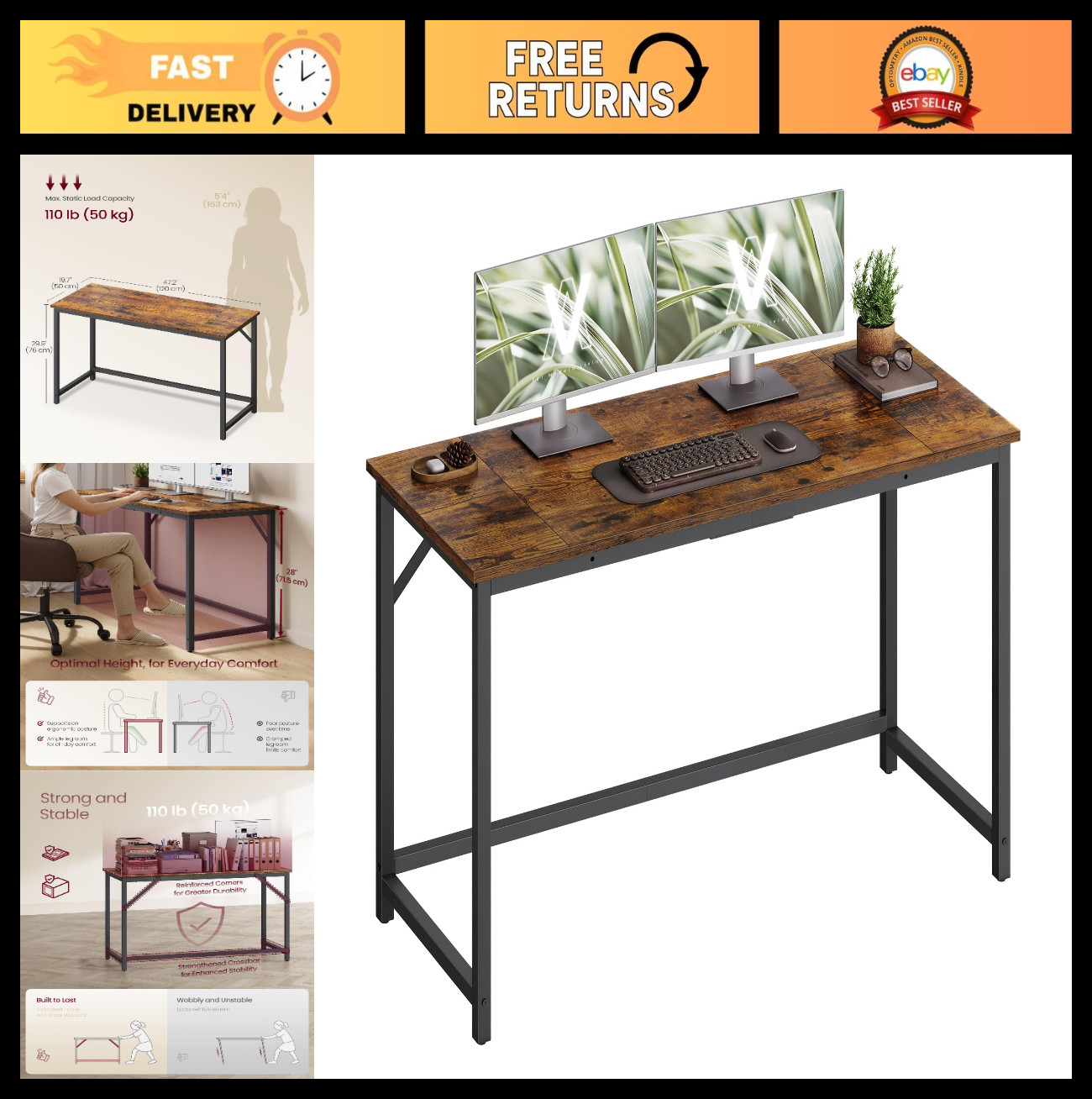 Rustic Brown Office Desk – 47.2″ Workstation for Home, Study, Bedroom, Living Ro