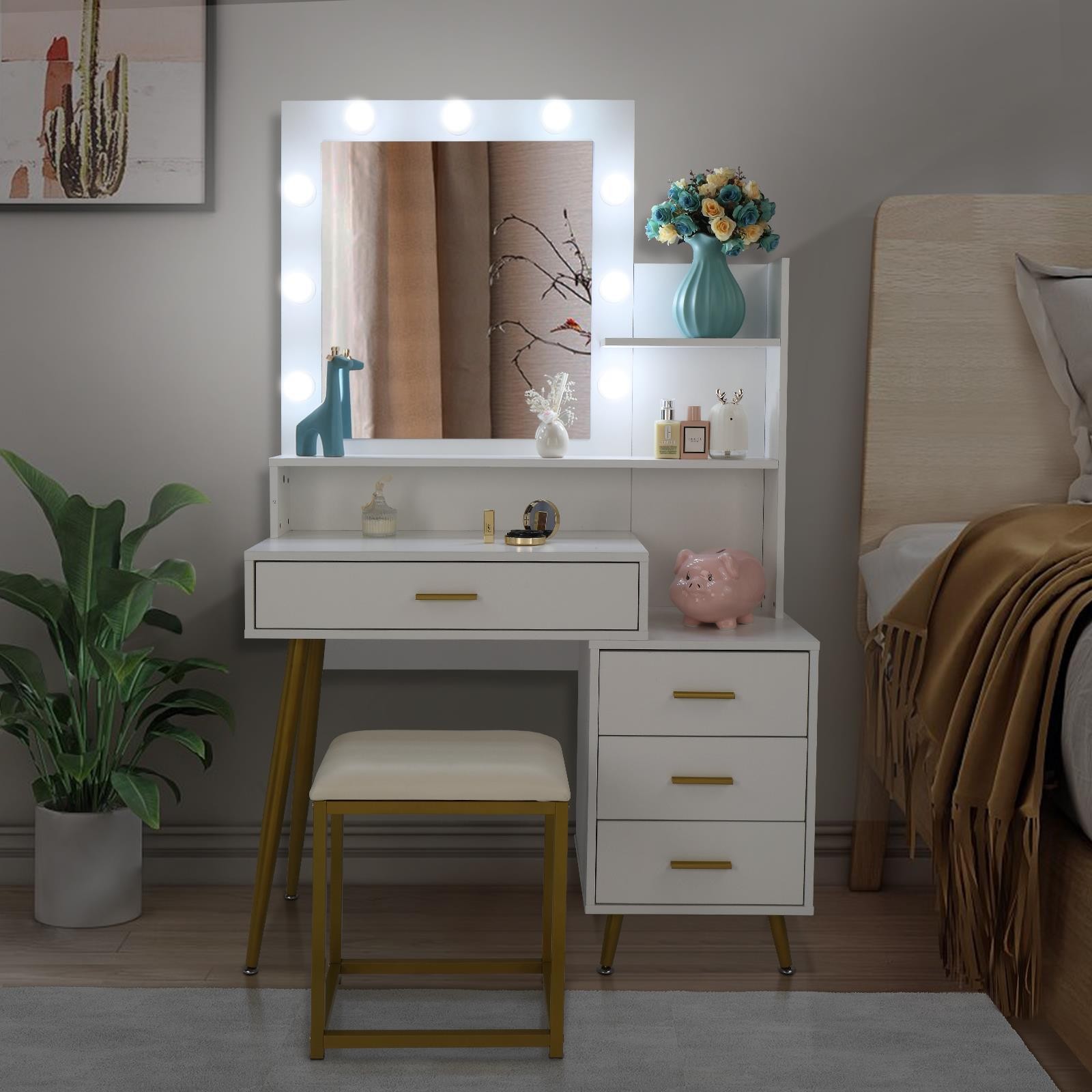 Large Led Mirror 4Drawer Dressing Table Vanity Set Makeup Dresser Desk for Women