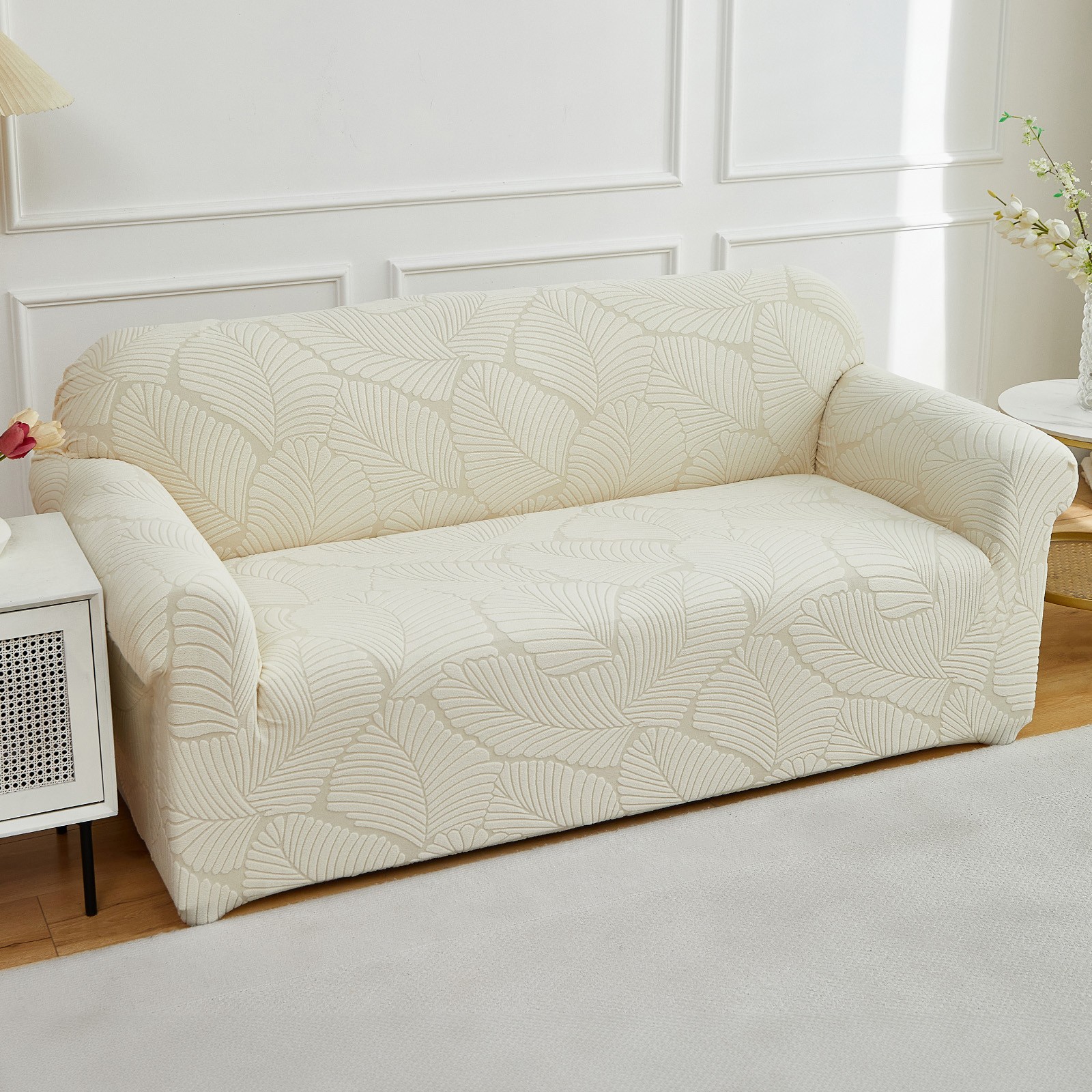 Stretch Sofa Cover Leaf Jacquard Slipcover 360°Full Protection Refresh Old Couch