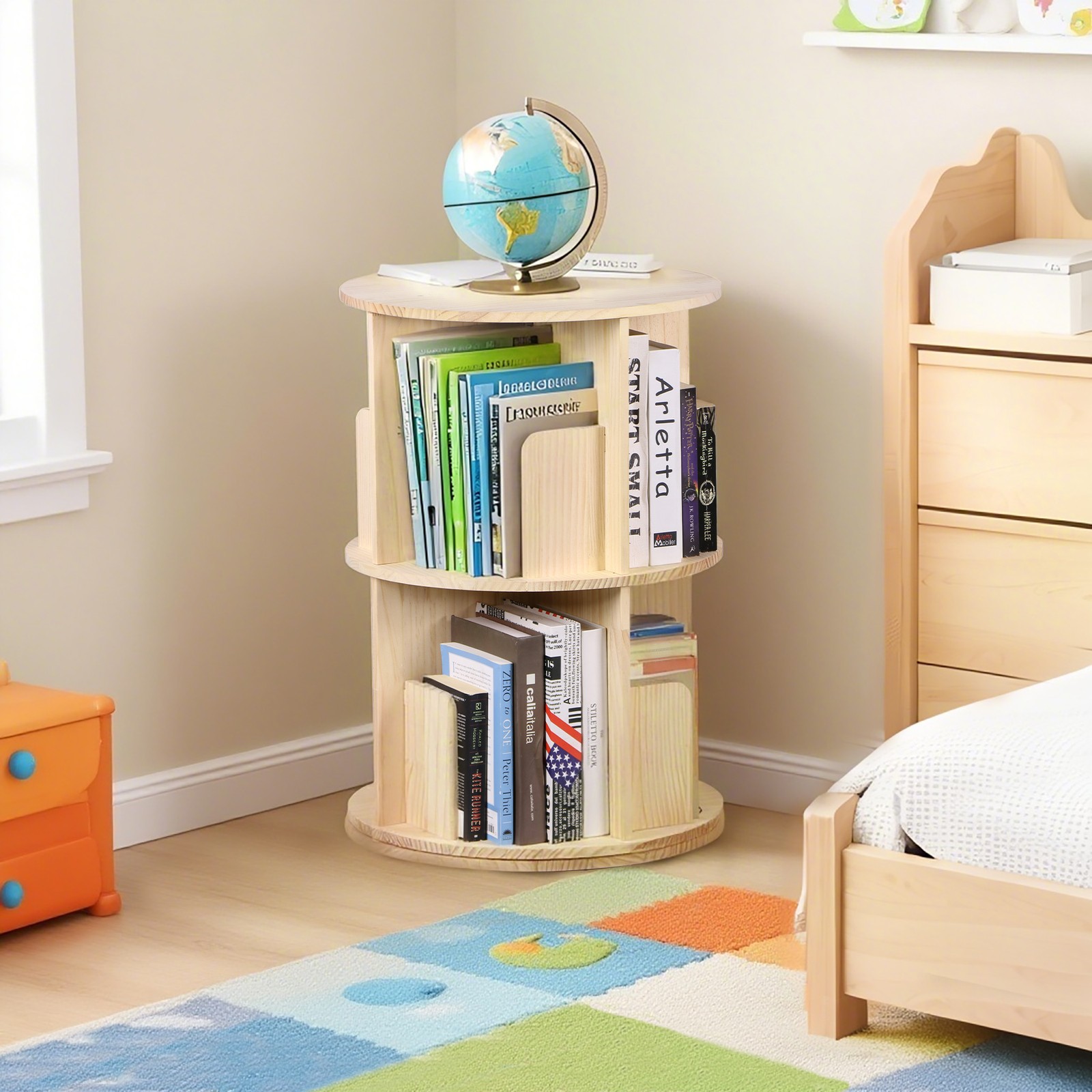 Rotating Bookshelf 360° Display 2-Tier Corner Bookshelf Floor Standing Bookcase