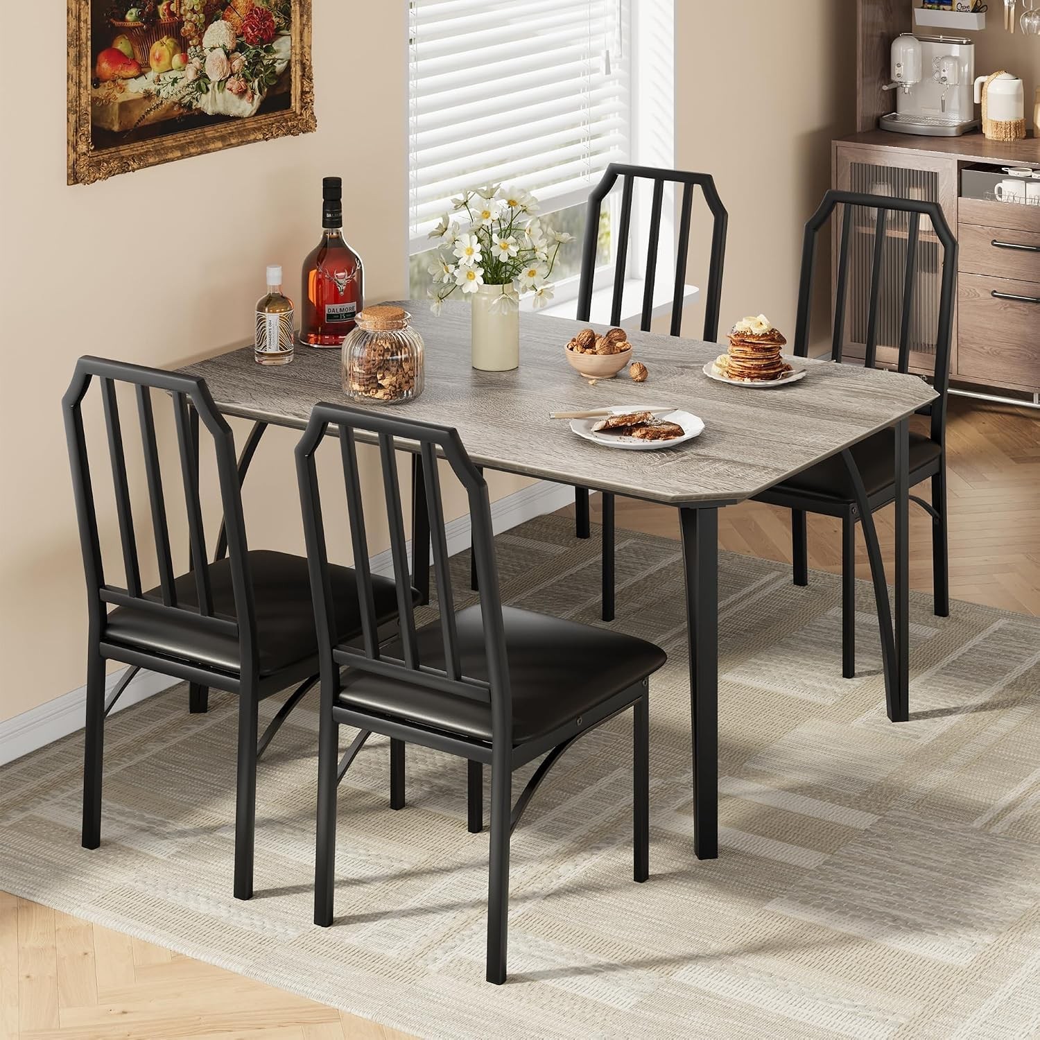 Dining Table Set for 4, Kitchen Table Set of 4 with Upholstered Cushion Chairs,
