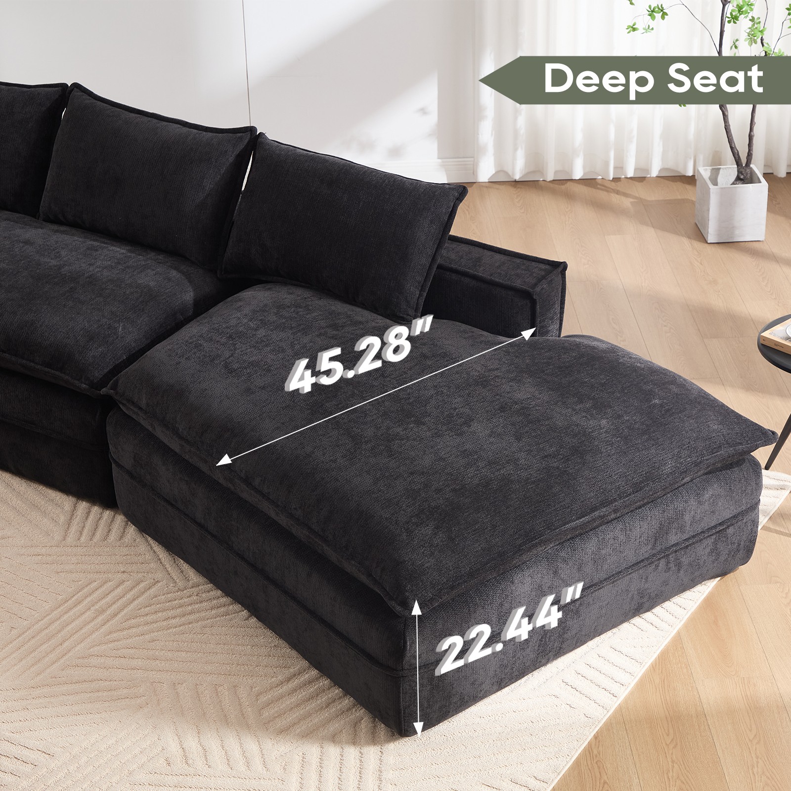 Modern Modular Sectional Sofa with Right Chaise, Black, 3 Seat
