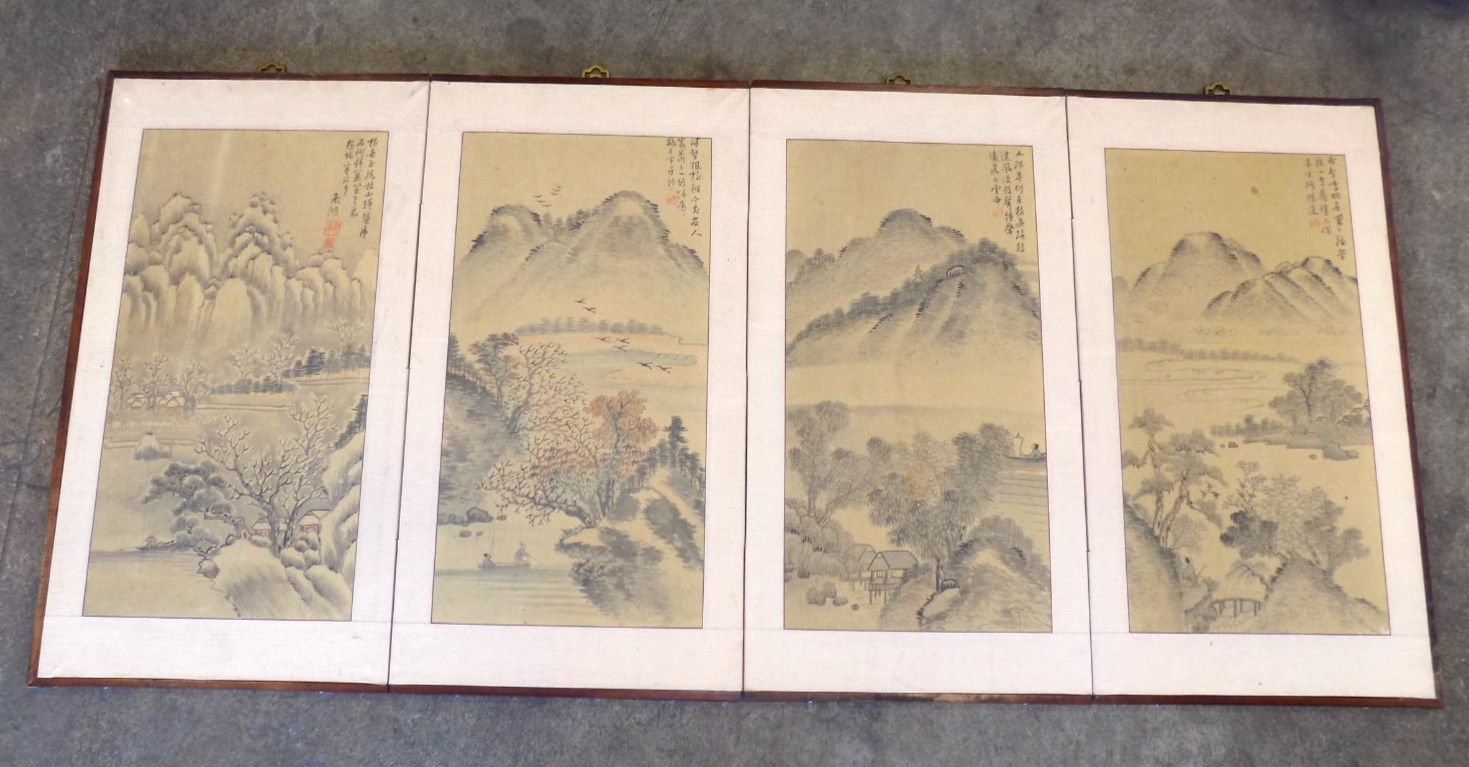 Vintage Hand Painted Asian Landscape 4 Panel Folding Screen Room Divider