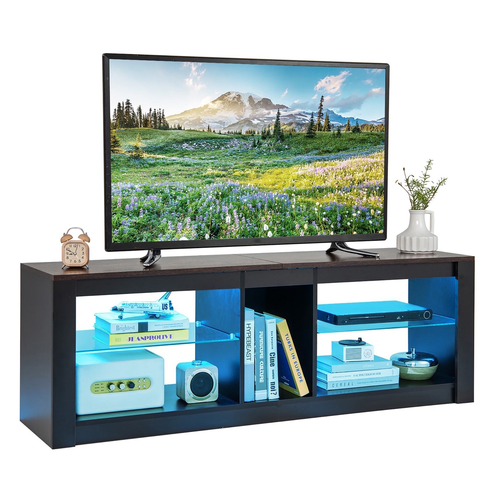TV Stand w/ LED Light for TVs up to 65 inch w/ Adjustable Tempered Glass Shelves