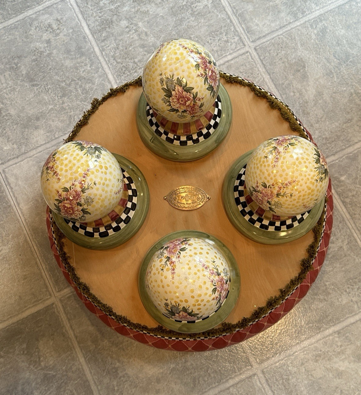 MACKENZIE-CHILDS Large Heavy Ceramic-Leg 20″ Footstool Seat Ottoman Pouf Tuffet
