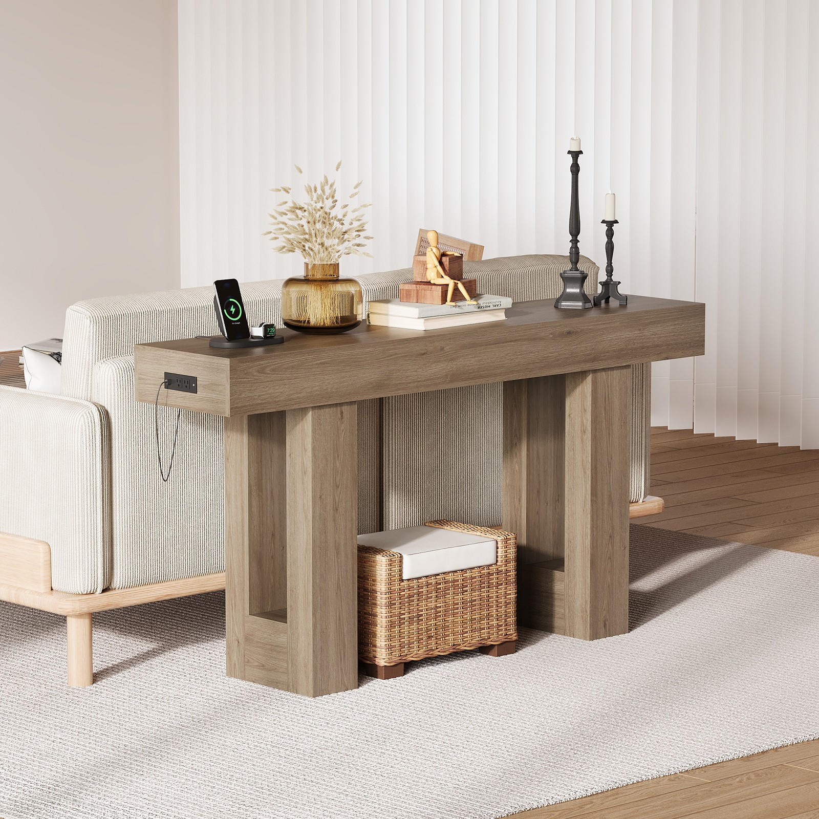 63 Inch Console Table with Outlets – Built-In Power Strip for Living Room Foyer