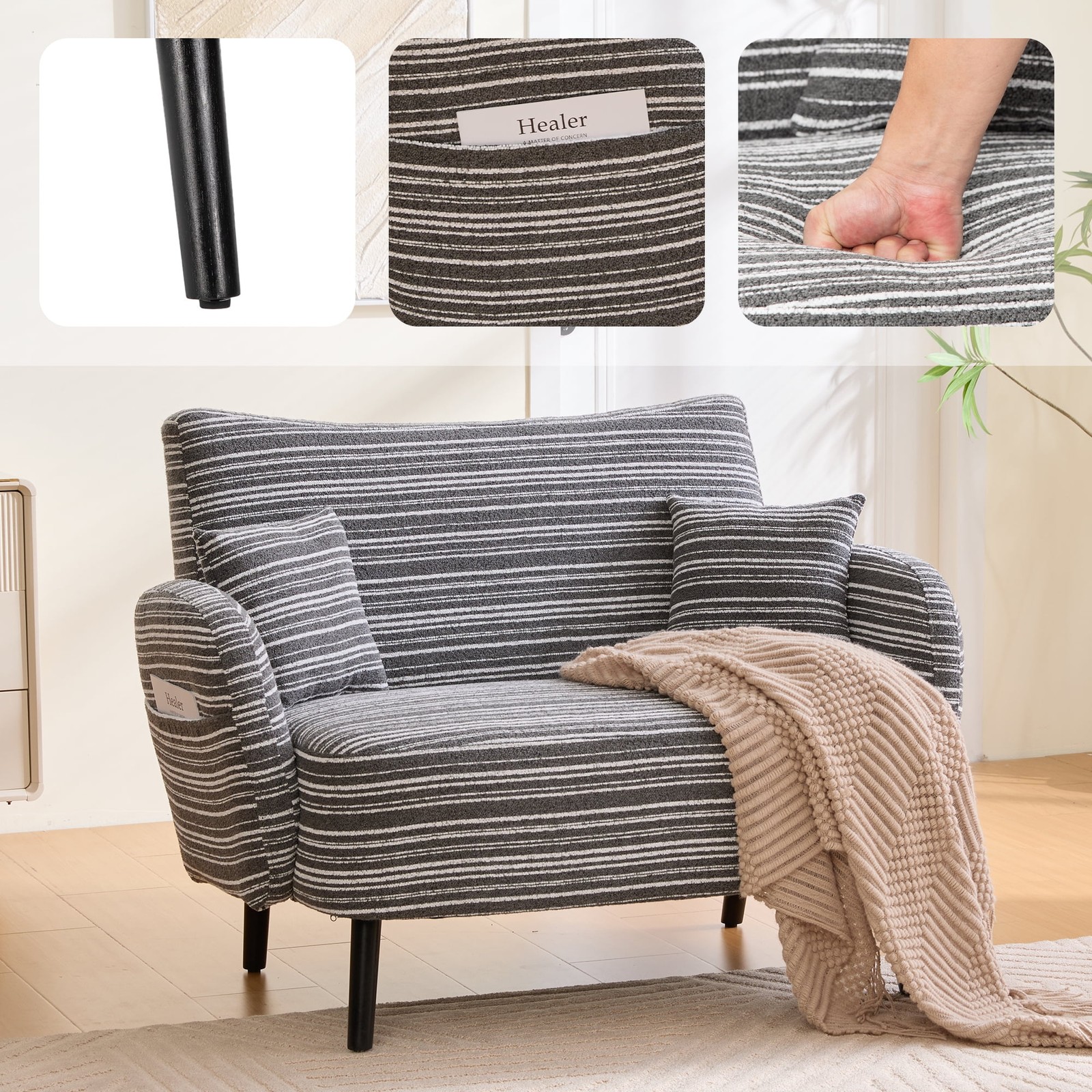 Gray Two Seater Sofa Solid Wood Legs Comfy Furniture For Living Room Home Office