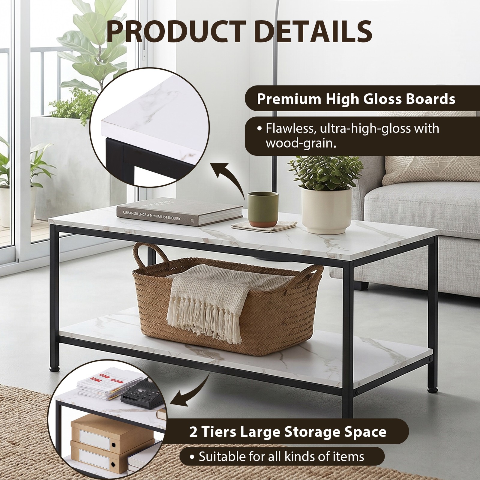 39″ Rectangular Coffee Table Industrial Wood Center Table w/ Storage Shelf White