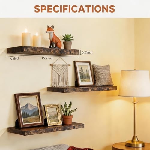 Floating Shelves 15.7 Inch Wall Mounted Wooden Set of 3 Storage Decor