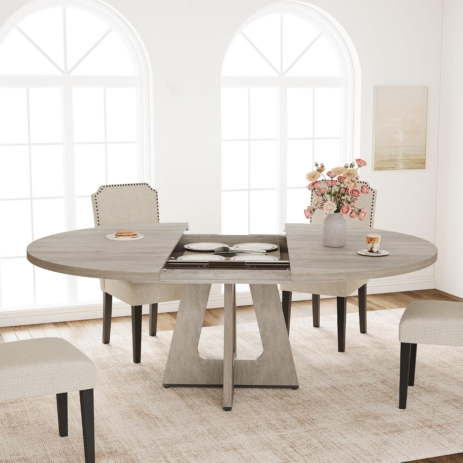 47″-63″ Extendable round Dining Table for 4-8 (Table Only) Gray | Oval Dinner Ta