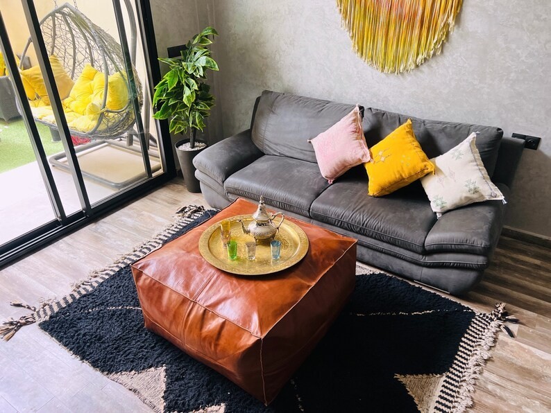 30” Square Moroccan Leather Ottoman | Handmade Boho Footstool Pouf, Genuine Best
