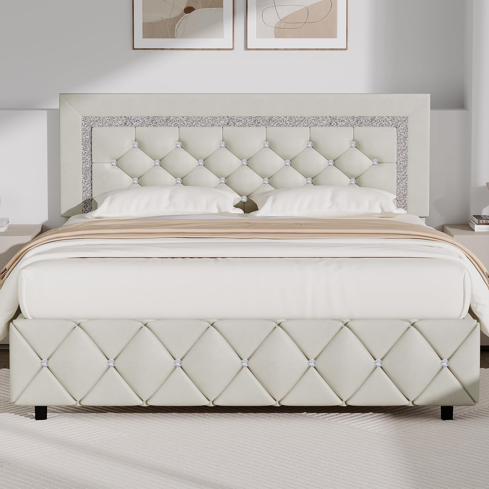 Full Bed Frame Diamond Tufted Headboard Faux Leather Slats No Box Spring Cream