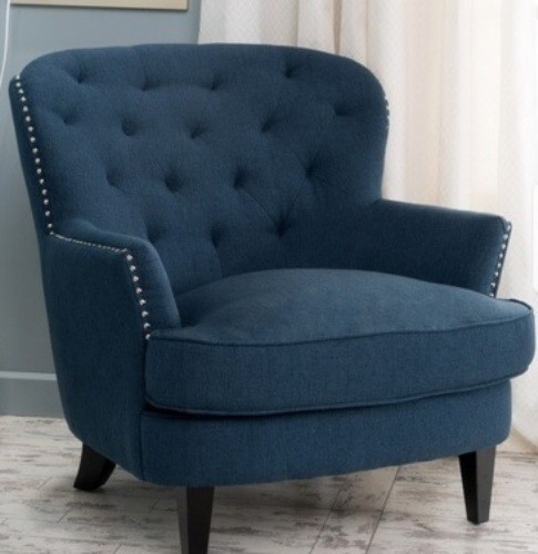 Blue Oversized Tufted Fabric Club Accent Chair Nailhead Arm Chairs Armchair Navy