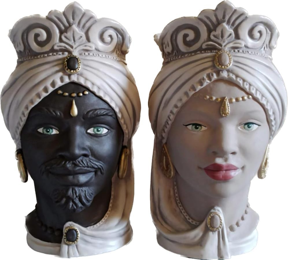 Pair Of Modern Moro Heads 37 Cm In Hand-Painted Sicilian Ceramic Dec.10