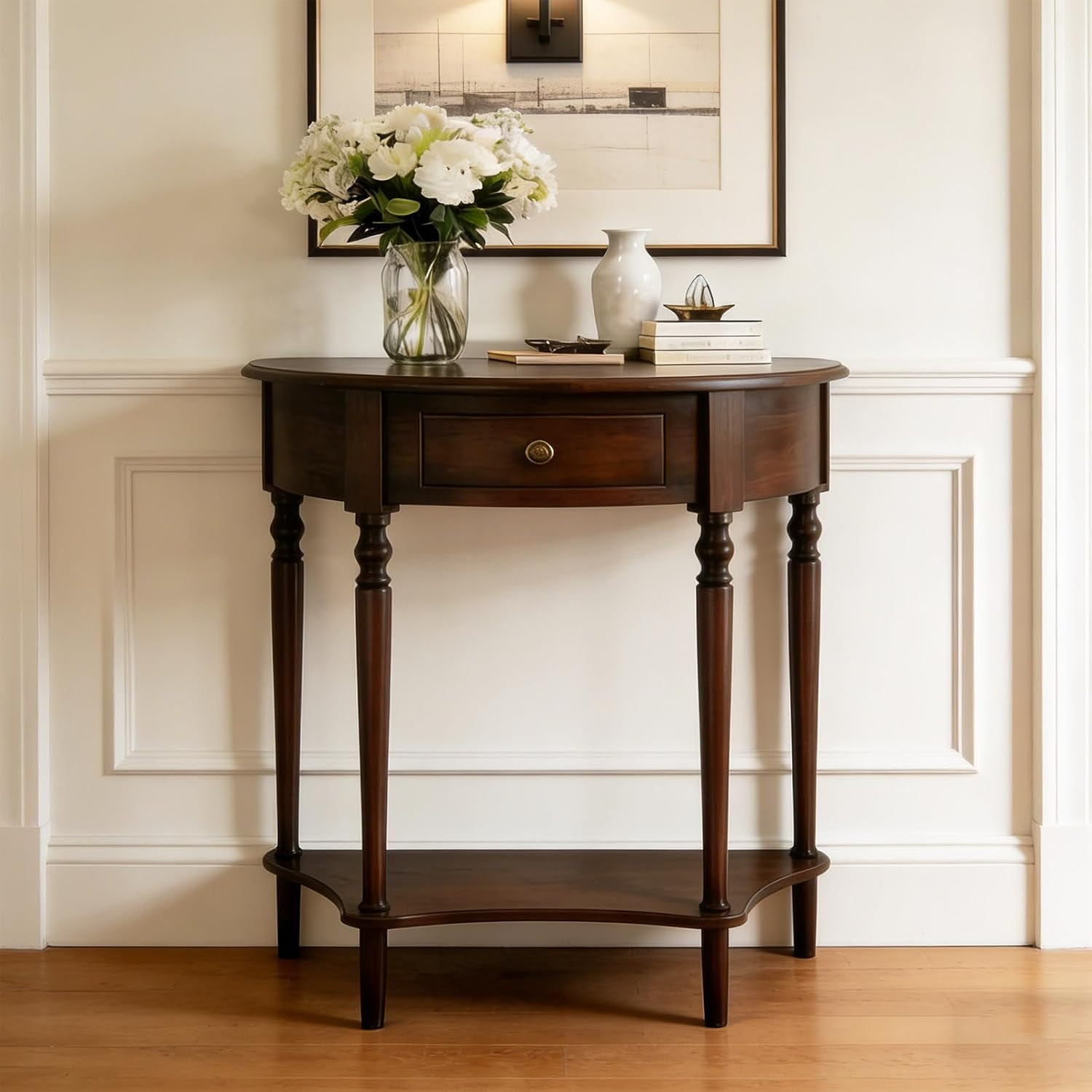 Vintage Half Moon Console Table with Drawer – Walnut Entryway Foyer Table