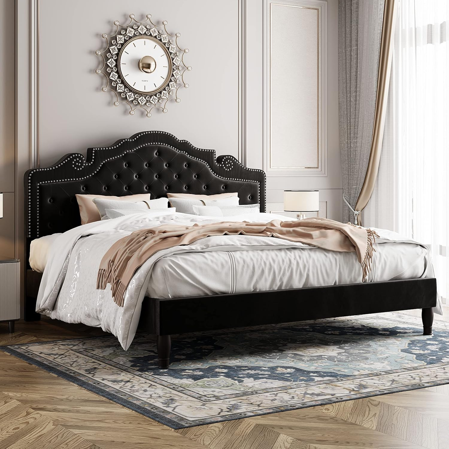King Size Platform Bed Frame with Adjustable Velvet Tiara Headboard, Upholstered