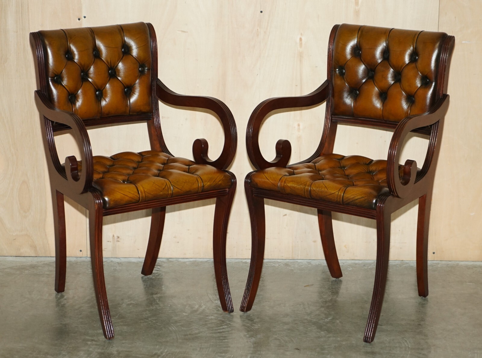 EIGHT VINTAGE MAHOGANY FULLY RESTORED CHESTERFIELD BROWN LEATHER DINING CHAIRS 8