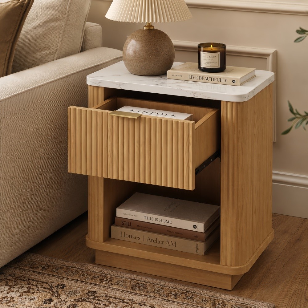 Natural Wood Finish Fluted Nightstand with Storage Drawer and Open Shelf