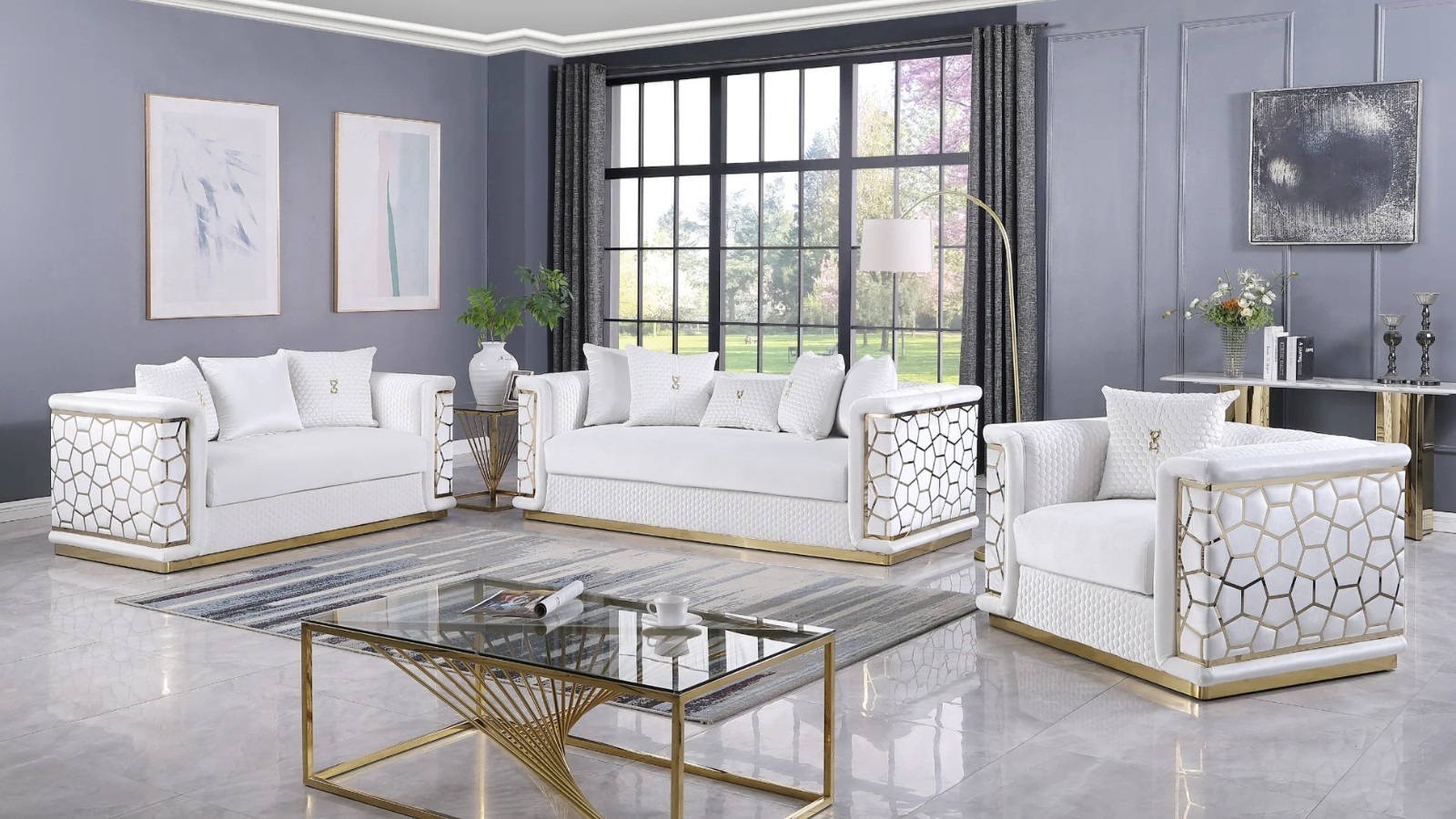NEW Luxe White Gold 3PC Sofa Contemporary Two-Tone Glam Velvet Living Room Set