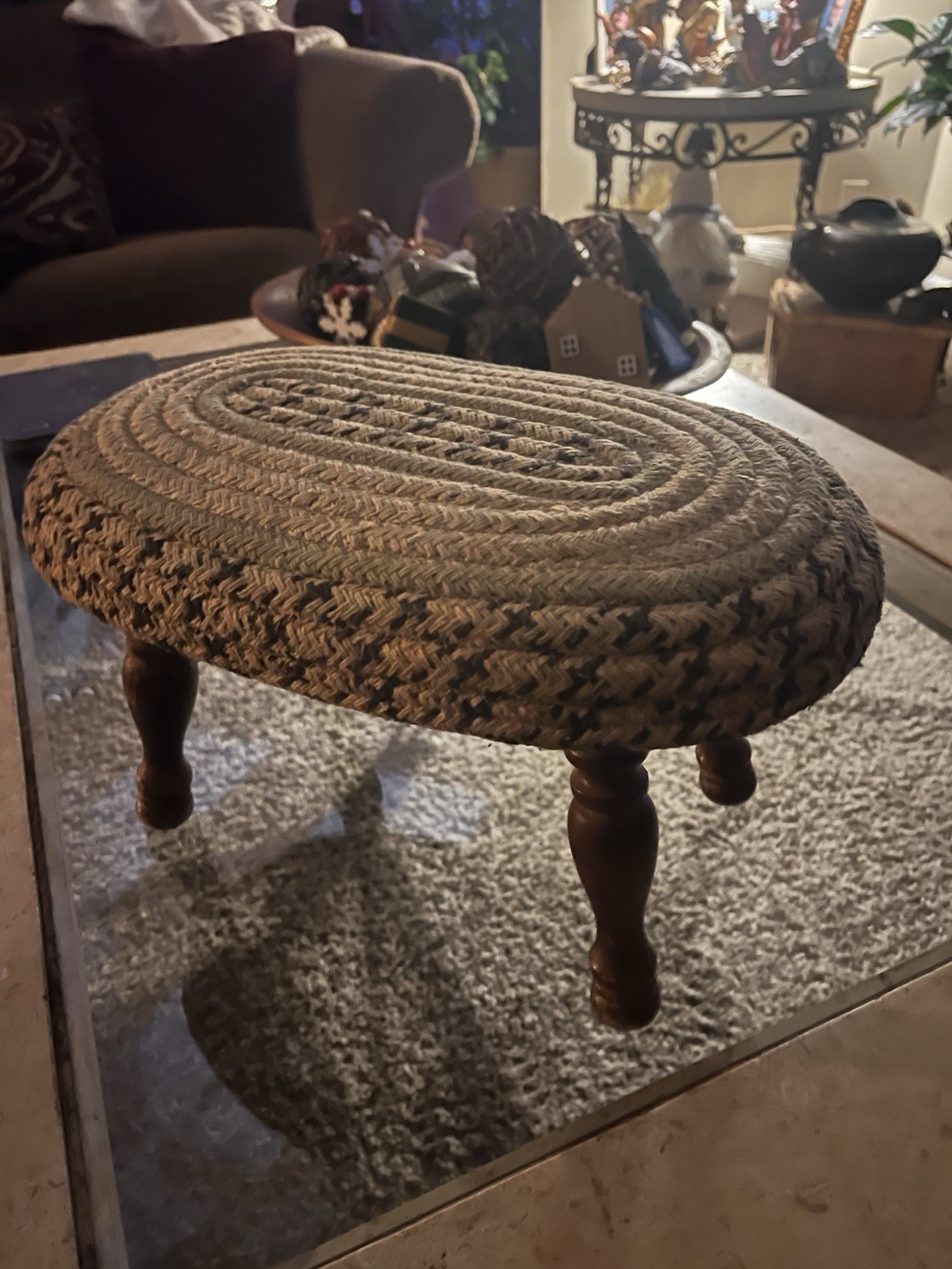 Primitive Farmhouse Cottage Core Braided Rug Ottoman Footstool Wooden Screw Legs