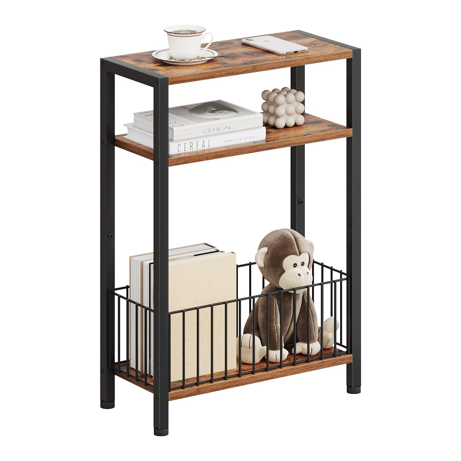 Narrow Side Table with Storage Basket, 3-Tier End Table for Small Spaces