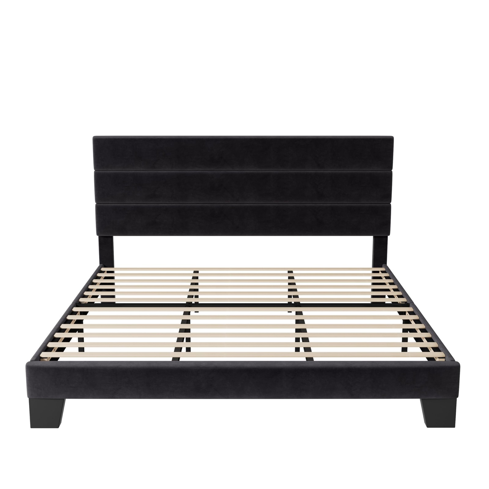 King Size Platform Bed Frame Velvet Headboard Wooden Slats Support Black