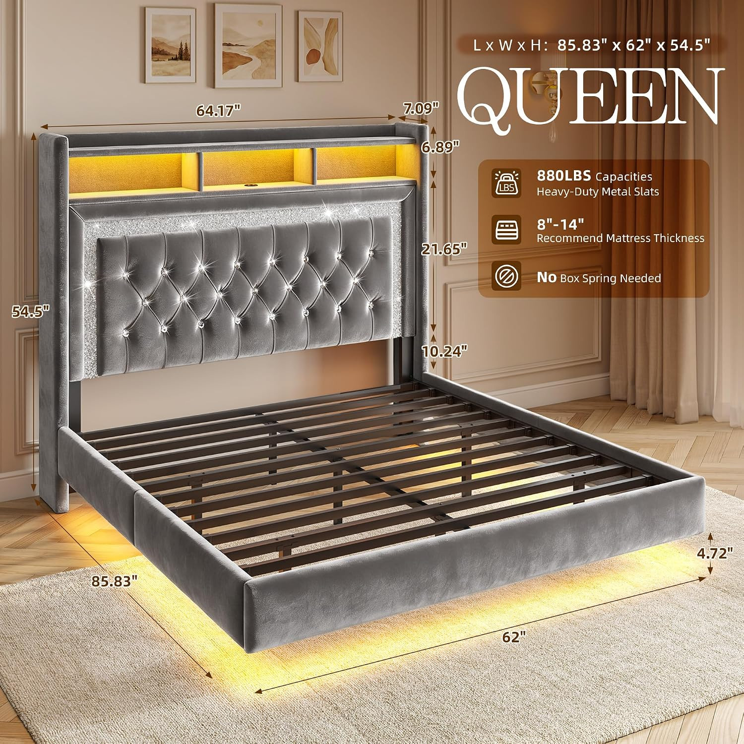 Queen Floating Bed Frame, Charge Station & LED Lights, Grey | 54″ Tall Velvet St