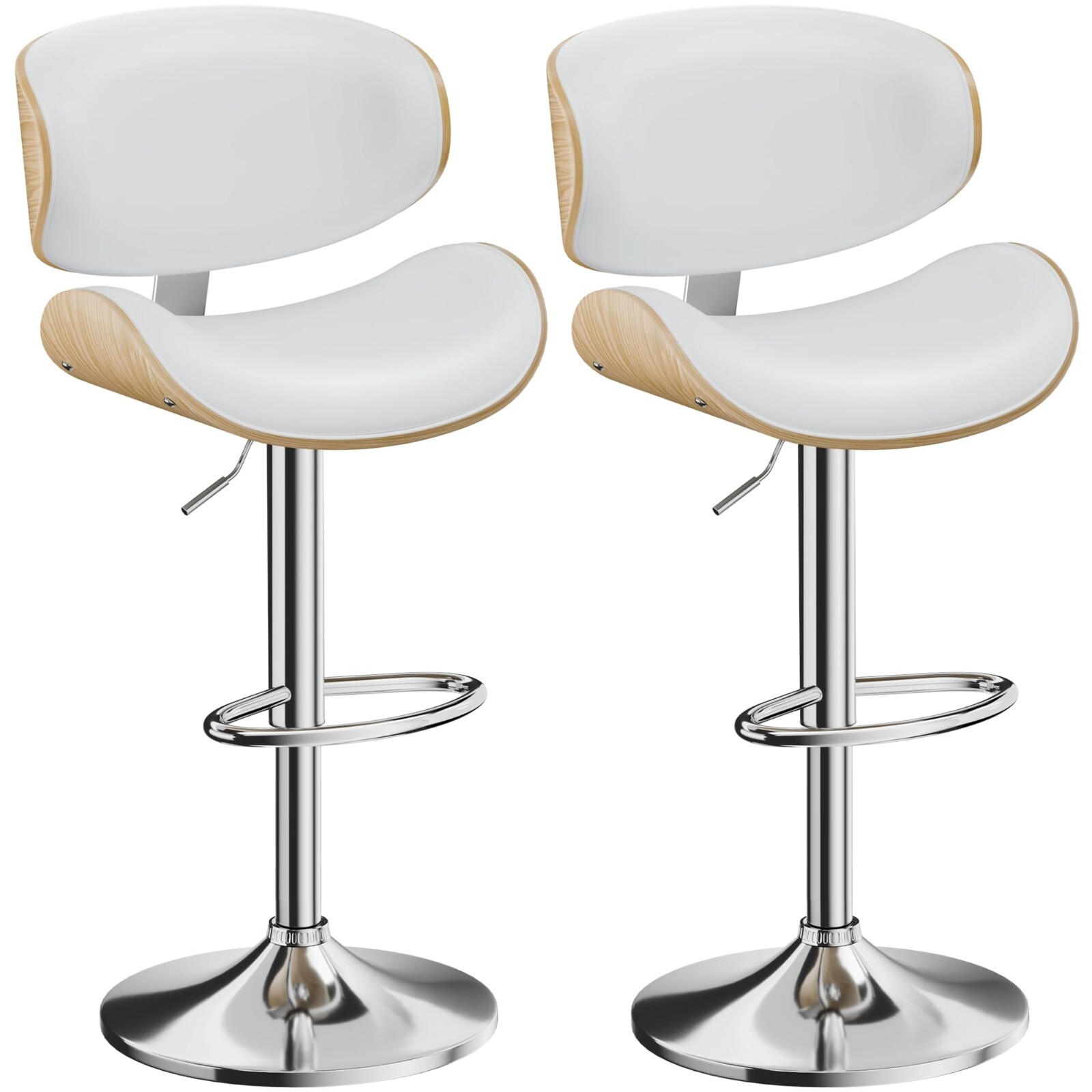 Bar Stools Set of 2 Bentwood Counter Chair Adjustable Swivel Faux Leather Ash