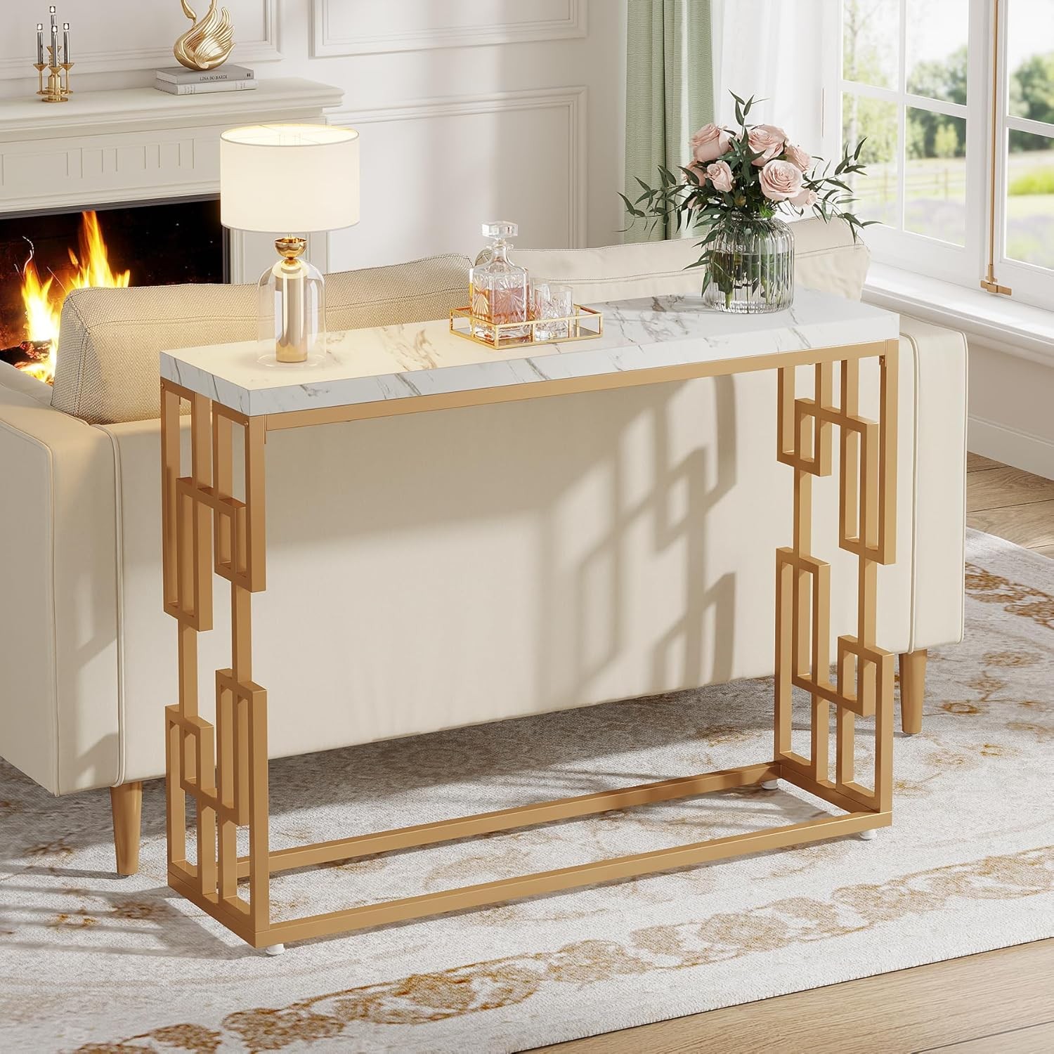 Modern Console Table for Entryway, 42.5” Sofa Table with Faux Marble Tabletop
