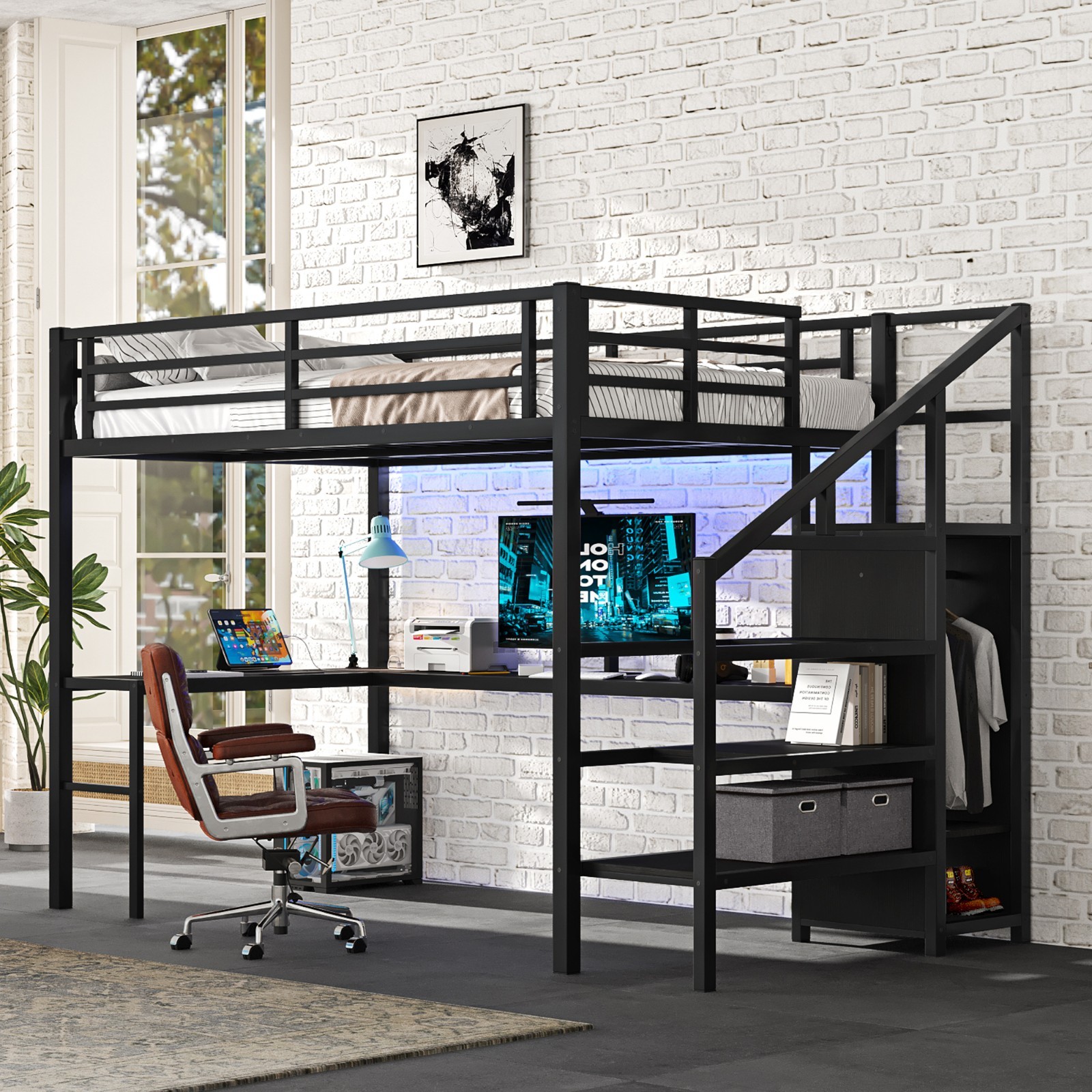 Full Size Metal Loft Bed with L-shaped Desk and USB for Kids Teens Adults Black